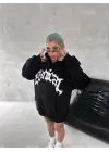 Omarı Siyah Kapşonlu Baskılı Sweatshirt