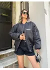 Unisex Uzun Kol Baskılı Bomber Ceket - Siyah
