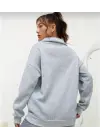 Unisex Uzun Kol Yarım Farmuarlı Yakalı Basic SweatShirt - Gri