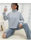 Unisex Uzun Kol Yarım Farmuarlı Yakalı Basic SweatShirt - Gri