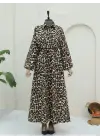Omarı Leopar Desenli Vizon Elbise