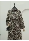 Omarı Leopar Desenli Vizon Elbise