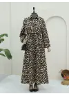 Omarı Leopar Desenli Vizon Elbise