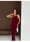 Uzun Abiye Elbise Yırtmaçlı Sırt Dekolteli Şık Gece Elbisesi - Bordo