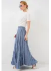 Uzun Kırışık Etek 8042 - İndigo