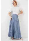 Uzun Kırışık Etek 8042 - İndigo