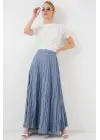 Uzun Kırışık Etek 8042 - İndigo