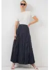 Uzun Kırışık Etek 8042 - Lacivert