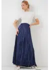 Uzun Kırışık Parlak Etek 8034 - D.Lacivert
