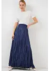 Uzun Kırışık Parlak Etek 8034 - D.Lacivert