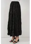 Uzun Kırışık Parlak Etek 8034 - Siyah