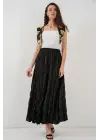 Uzun Kırışık Parlak Etek 8034 - Siyah