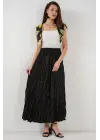 Uzun Kırışık Parlak Etek 8034 - Siyah