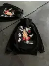 Omarı Siyah Kapşonlu Baskılı Sweatshirt - Üç İplik Penye Uzun Kol