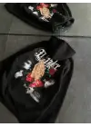 Omarı Siyah Kapşonlu Baskılı Sweatshirt - Üç İplik Penye Uzun Kol