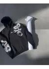 Uzun Kol Kapşonlu Baskılı SweatShirt - Siyah