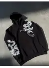 Uzun Kol Kapşonlu Baskılı SweatShirt - Siyah
