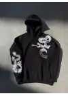 Uzun Kol Kapşonlu Baskılı SweatShirt - Siyah