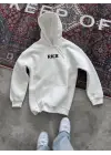 Uzun Kol Kapşonlu Göğüs Baskılı SweatShirt - Beyaz