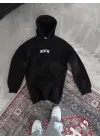 Uzun Kol Kapşonlu Göğüs Baskılı SweatShirt - Siyah