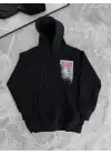 Uzun Kol Kapşonlu Ön Ve Arka Baskılı SweatShirt - Siyah