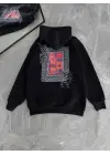 Uzun Kol Kapşonlu Ön Ve Arka Baskılı SweatShirt - Siyah