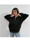 Omarı Uzun Kol Yarım Fermuarlı Siyah Sweatshirt