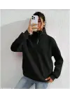 Omarı Uzun Kol Yarım Fermuarlı Siyah Sweatshirt