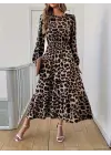 Uzun Kollu Bisiklet Yaka Leopar Desenli Midi Süprem Elbise