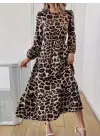 Uzun Kollu Bisiklet Yaka Leopar Desenli Midi Süprem Elbise