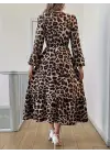 Uzun Kollu Bisiklet Yaka Leopar Desenli Midi Süprem Elbise