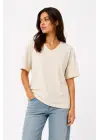 V Yaka Basic Tişört Kısa Kol Yazlık Regular Fit T-Shirt - Bej