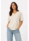 V Yaka Basic Tişört Kısa Kol Yazlık Regular Fit T-Shirt - Bej
