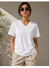 V Yaka Basic Tişört Kısa Kol Yazlık Regular Fit T-Shirt - Beyaz