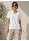V Yaka Basic Tişört Kısa Kol Yazlık Regular Fit T-Shirt - Beyaz
