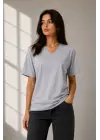 V Yaka Basic Tişört Kısa Kol Yazlık Regular Fit T-Shirt - Gri