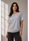 V Yaka Basic Tişört Kısa Kol Yazlık Regular Fit T-Shirt - Gri