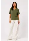V Yaka Basic Tişört Kısa Kol Yazlık Regular Fit T-Shirt - Haki
