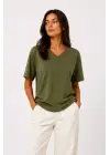 V Yaka Basic Tişört Kısa Kol Yazlık Regular Fit T-Shirt - Haki