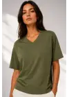V Yaka Basic Tişört Kısa Kol Yazlık Regular Fit T-Shirt - Haki