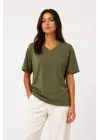 V Yaka Basic Tişört Kısa Kol Yazlık Regular Fit T-Shirt - Haki