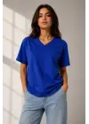 V Yaka Basic Tişört Kısa Kol Yazlık Regular Fit T-Shirt - Saks Mavisi