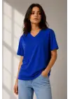 V Yaka Basic Tişört Kısa Kol Yazlık Regular Fit T-Shirt - Saks Mavisi