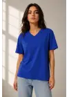 V Yaka Basic Tişört Kısa Kol Yazlık Regular Fit T-Shirt - Saks Mavisi
