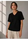V Yaka Basic Tişört Kısa Kol Yazlık Regular Fit T-Shirt - Siyah