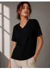 V Yaka Basic Tişört Kısa Kol Yazlık Regular Fit T-Shirt - Siyah