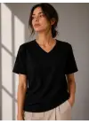 V Yaka Basic Tişört Kısa Kol Yazlık Regular Fit T-Shirt - Siyah