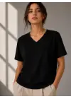 V Yaka Basic Tişört Kısa Kol Yazlık Regular Fit T-Shirt - Siyah