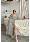 V YAKA BEL BONCUK BAĞLAMALI MÜSLİN ELBİSE YIRTMAÇ DETAYLI - Gri