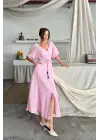 Omarı Pembe Müslin Elbise Yırtmaç Detaylı Yaka Tasarımı